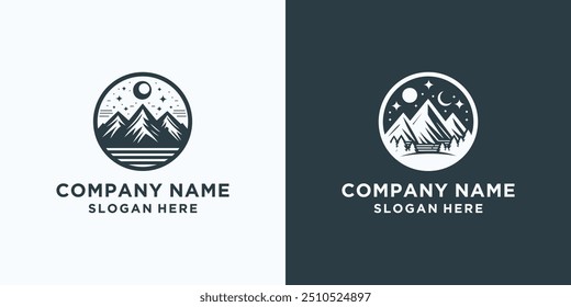 Plantilla de diseño de logotipos de Mountain Peak. Silueta de las Montañas Rocosas. Inspiración de diseño de logotipo al aire libre.