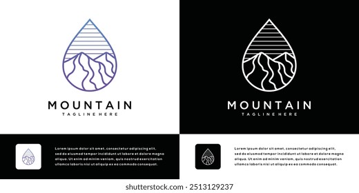 Projeto do logotipo do pico da montanha com gotículas de água. Ícone de logotipo Mountain and water drop feito com linhas	