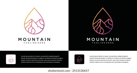 Mountain peak logo design with water droplets. Outdoor hiking adventure icon. Vector illustration.	