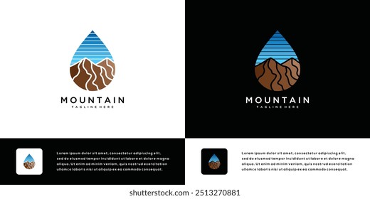 Mountain peak logo design with water droplets. Outdoor hiking adventure icon. Vector illustration.	