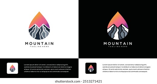 Projeto do logotipo do pico da montanha com gotículas de água. Ícone de aventura de caminhadas ao ar livre. Ilustração vetorial.	
