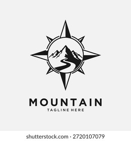 Projeto do logotipo do pico da montanha e estrada sinuosa em uma bússola