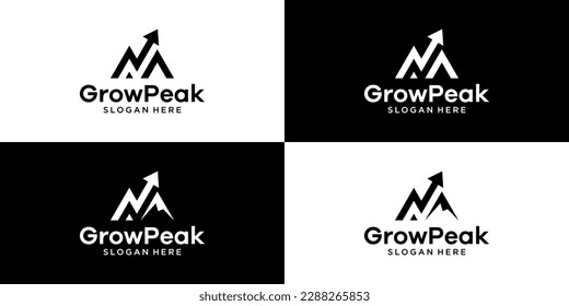 Mountain peak logo with grow, arrow, analytic design vector illustration. icon for business, finance, travel, symbol, creative, logotype.