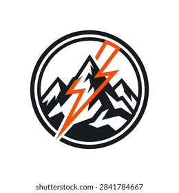 Mountain peak logo with orange lightning bolt.