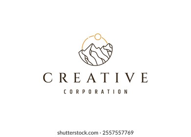 mountain peak logo in sunlight with line art design style