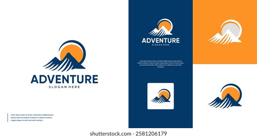 mountain peak logo with sunset, nature explorer symbol, outdoor travel, graphic design illustration.