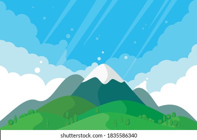Mountain peak. Natural landscape with mountains, hills and clouds in flat style.