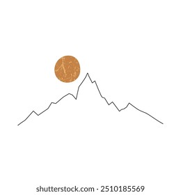 Mountain Peak Umrisszeichnung. Mountain und Sun Line Art Drawing. Gelbe Landschaftssonne. Vektor-EPS 10