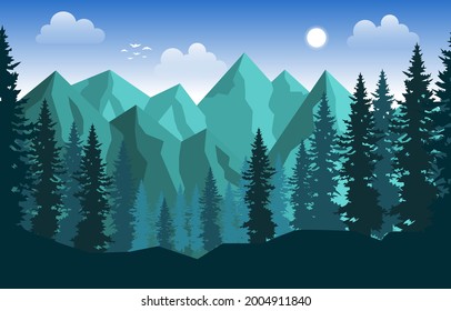 Mountain Peak Pine Fir Trees Nature Landscape Adventure Illustration
