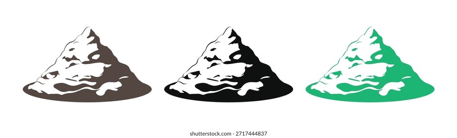 mountain peak range simple line art vector icon set.Three colorful mountain peaks in brown, black, and green hues.