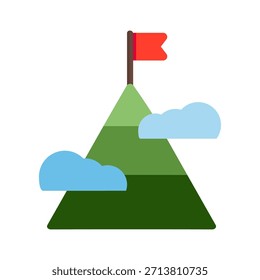 Pico de montanha com bandeira vermelha. Natureza, aventura, ao ar livre, desafio, conquista, conceito de objetivo. Ilustração de design isolada de vetor plano.