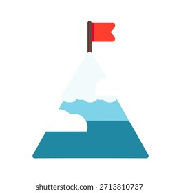 Pico de montaña con bandera roja. Naturaleza, aventura, al aire libre, desafío, logro, concepto de objetivo. Ilustración de diseño aislado de Vector plano.