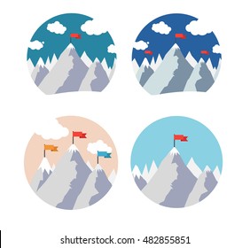 Mountain Peak with Red Flag on top in Circle Set. Vector flat illustration of success, motivation or tourism symbol with mountains peaks