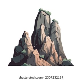 Mountain peak rises above rocky terrain icon isolated