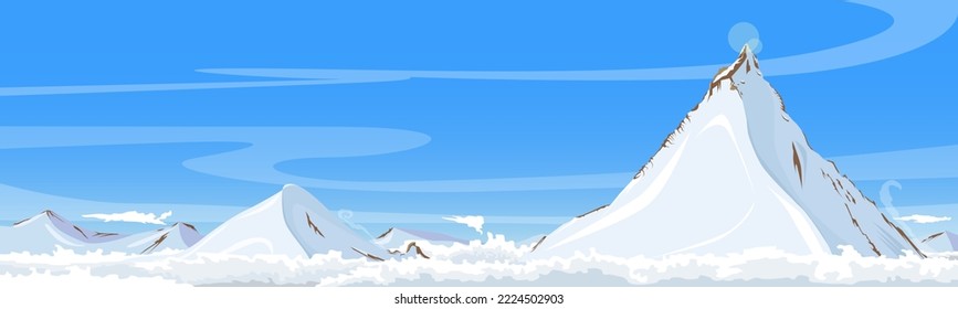 Mountain peak rising above dense clouds in the rays of the sun. Mountain range covered with snow, panoramic wildlife landscape. Artistic drawing, vector illustration.