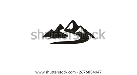 Mountain peak, river, road Landscape Silhouette for outdoor adventure logo design