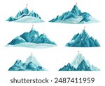 Mountain peak route. Successful summit climb mountains journey path mountaineering concept, hiking plan rise to everest top flag, climbing expedition ingenious vector illustration