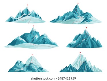 Mountain peak route. Successful summit climb mountains journey path mountaineering concept, hiking plan rise to everest top flag, climbing expedition ingenious vector illustration