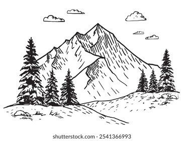 Bosquejo de la cumbre de la montaña con el bosque de pinos, estilo del grabado, Ilustración vectorial dibujada a mano. Diseño minimalista del logotipo del icono del pico de montaña. Paisaje de montaña, viajes