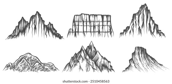 Mountain peak sketches. Cliff relief mountains hand drawn silhouette set isolated vector illustration