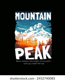 mountain peak slogan with mountain silhouette on sunset background hand drawn vector illustration