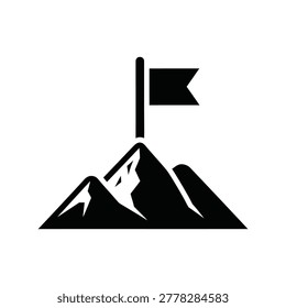 Mountain Peak with Success Flag Silhouette Icon - High Altitude Summit Vector for Achievement, Leadership Goals, Business Growth, Ambition, Mountaineering and Reaching the Top Concept.