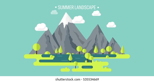 Mountain peak. Summer, spring landscape. Nature. Travel, hiking. Climbing. Wild park. Flat style.Environment protection, eco tourism.