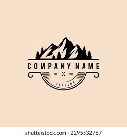 Mountain peak summit logo design. Outdoor hiking adventure icon set. Alpine wilderness travel symbol. Vector illustration.	