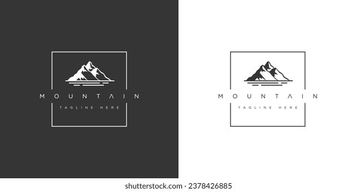 Mountain peak summit logo design. Outdoor hiking adventure icon set. Alpine wilderness travel symbol. Vector illustration.