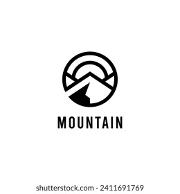 Mountain peak summit logo design. Outdoor hiking adventure icon set. Alpine wilderness travel symbol. Vector illustration.