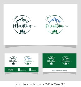 Mountain peak summit logo design. Outdoor hiking adventure icon set. Alpine wilderness travel symbol. Vector illustration.