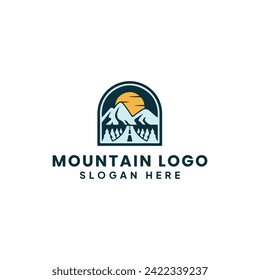 Mountain peak summit logo design. Outdoor hiking adventure icon set. Alpine wilderness travel symbol. Vector illustration.