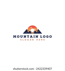 Mountain peak summit logo design. Outdoor hiking adventure icon set. Alpine wilderness travel symbol. Vector illustration.