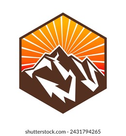 Mountain peak summit logo design. Outdoor hiking adventure icon set. Alpine wilderness travel symbol. Vector illustration.