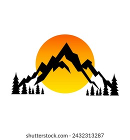 Mountain peak summit logo design. Outdoor hiking adventure icon set. Alpine wilderness travel symbol. Vector illustration.
