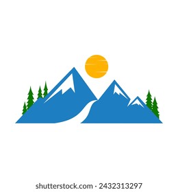 Mountain peak summit logo design. Outdoor hiking adventure icon set. Alpine wilderness travel symbol. Vector illustration.
