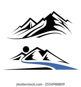 Mountain peak summit logo design. Outdoor hiking adventure icon set. Alpine wilderness travel symbol. Vector illustration.