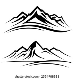 Mountain peak summit logo design. Outdoor hiking adventure icon set. Alpine wilderness travel symbol. Vector illustration.