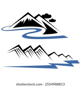 Mountain peak summit logo design. Outdoor hiking adventure icon set. Alpine wilderness travel symbol. Vector illustration.