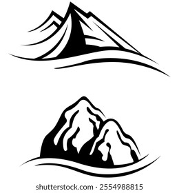 Mountain peak summit logo design. Outdoor hiking adventure icon set. Alpine wilderness travel symbol. Vector illustration.