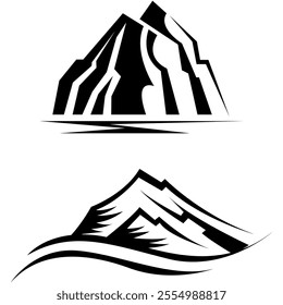 Mountain peak summit logo design. Outdoor hiking adventure icon set. Alpine wilderness travel symbol. Vector illustration.