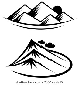 Mountain peak summit logo design. Outdoor hiking adventure icon set. Alpine wilderness travel symbol. Vector illustration.