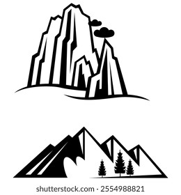 Mountain peak summit logo design. Outdoor hiking adventure icon set. Alpine wilderness travel symbol. Vector illustration.