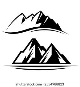 Mountain peak summit logo design. Outdoor hiking adventure icon set. Alpine wilderness travel symbol. Vector illustration.