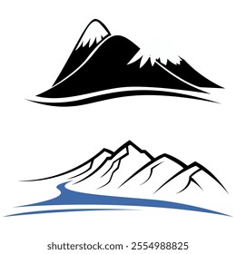 Mountain peak summit logo design. Outdoor hiking adventure icon set. Alpine wilderness travel symbol. Vector illustration.