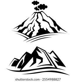 Mountain peak summit logo design. Outdoor hiking adventure icon set. Alpine wilderness travel symbol. Vector illustration.