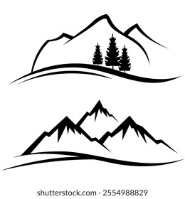 Mountain peak summit logo design. Outdoor hiking adventure icon set. Alpine wilderness travel symbol. Vector illustration.