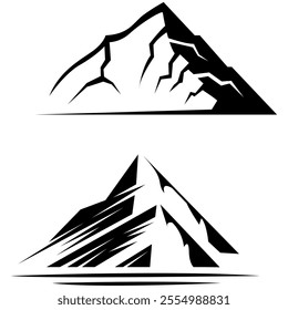 Mountain peak summit logo design. Outdoor hiking adventure icon set. Alpine wilderness travel symbol. Vector illustration.