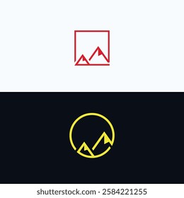 Mountain peak summit logo design. Outdoor hiking adventure icon set. Alpine wilderness travel symbol. Vector illustration.
