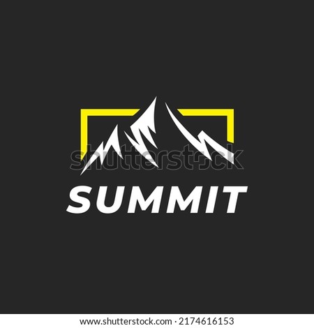 Mountain peak summit logo design. Outdoor hiking adventure icon. Alpine wilderness travel symbol. Vector illustration.